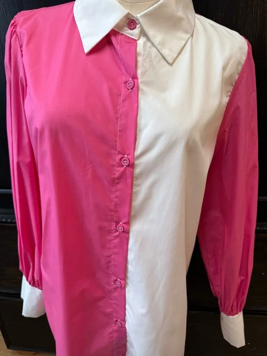 Colorblock Pink & White Button-Up Blouse - Picture 3 of 16